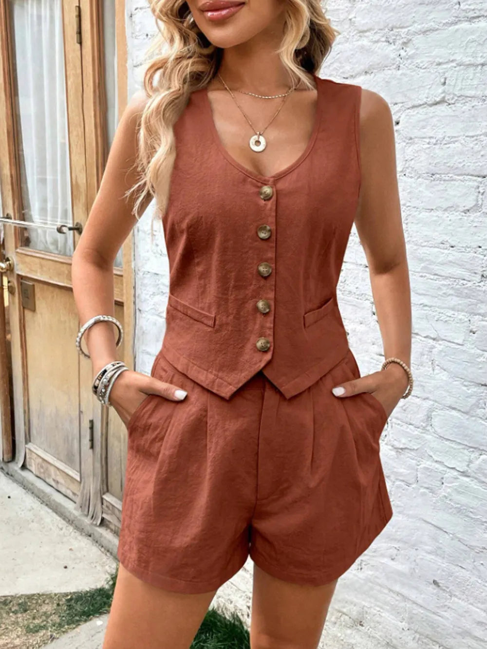Freja - Scoop Neck Sleeveless Top och shorts-set i bomull