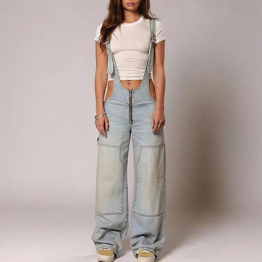 Bianca - Loose denimoveraller med fickor och dragkedja