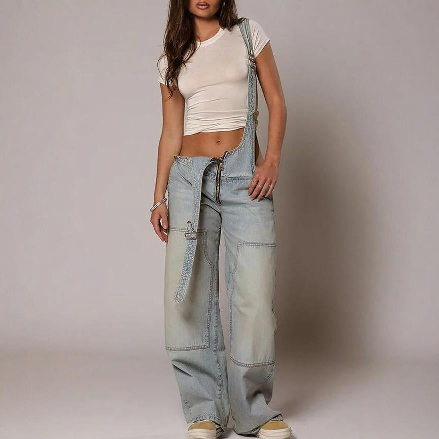 Bianca - Loose denimoveraller med fickor och dragkedja