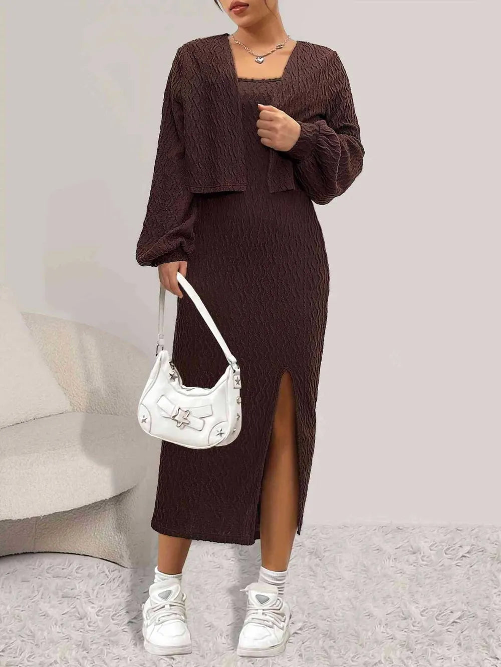 Annika - Open Front Long Sleeve Cardigan och Side Slit Cami Dress Set