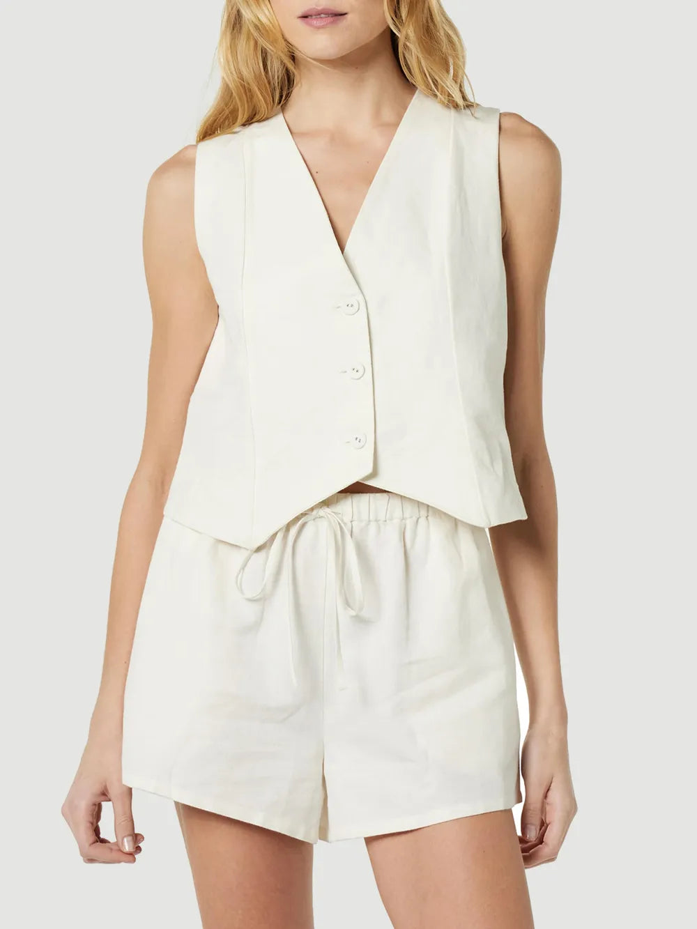 Nora - Button Up V-Neck Top och shorts med fickor set