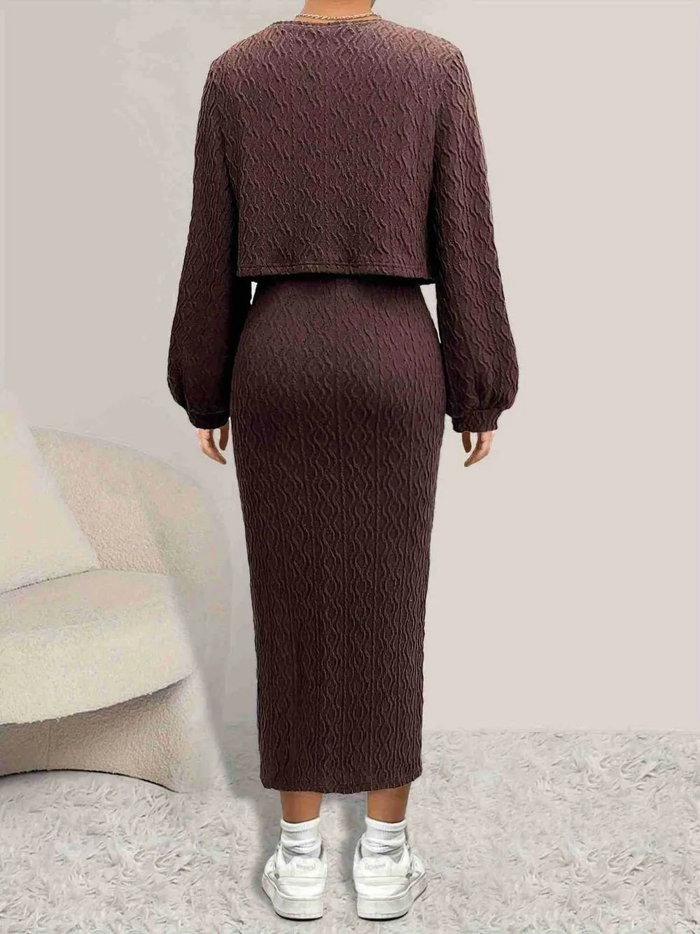 Annika - Open Front Long Sleeve Cardigan och Side Slit Cami Dress Set